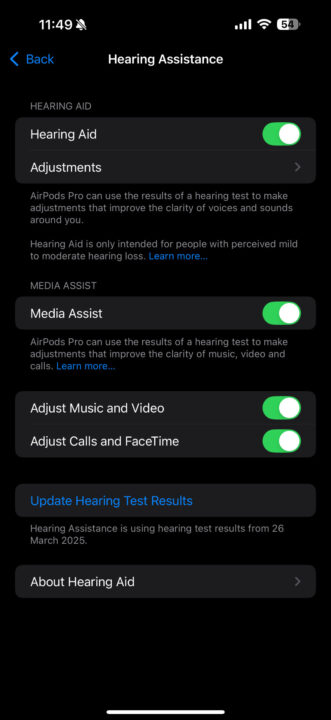 Apple Hearing Assistance settings screen