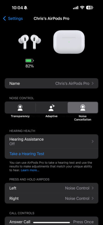 AirPods Pro settings screen